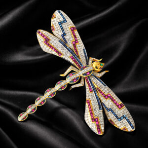 Diamond, Ruby & Sapphire Dragonfly Brooch – Statement Pendant in Yellow Gold