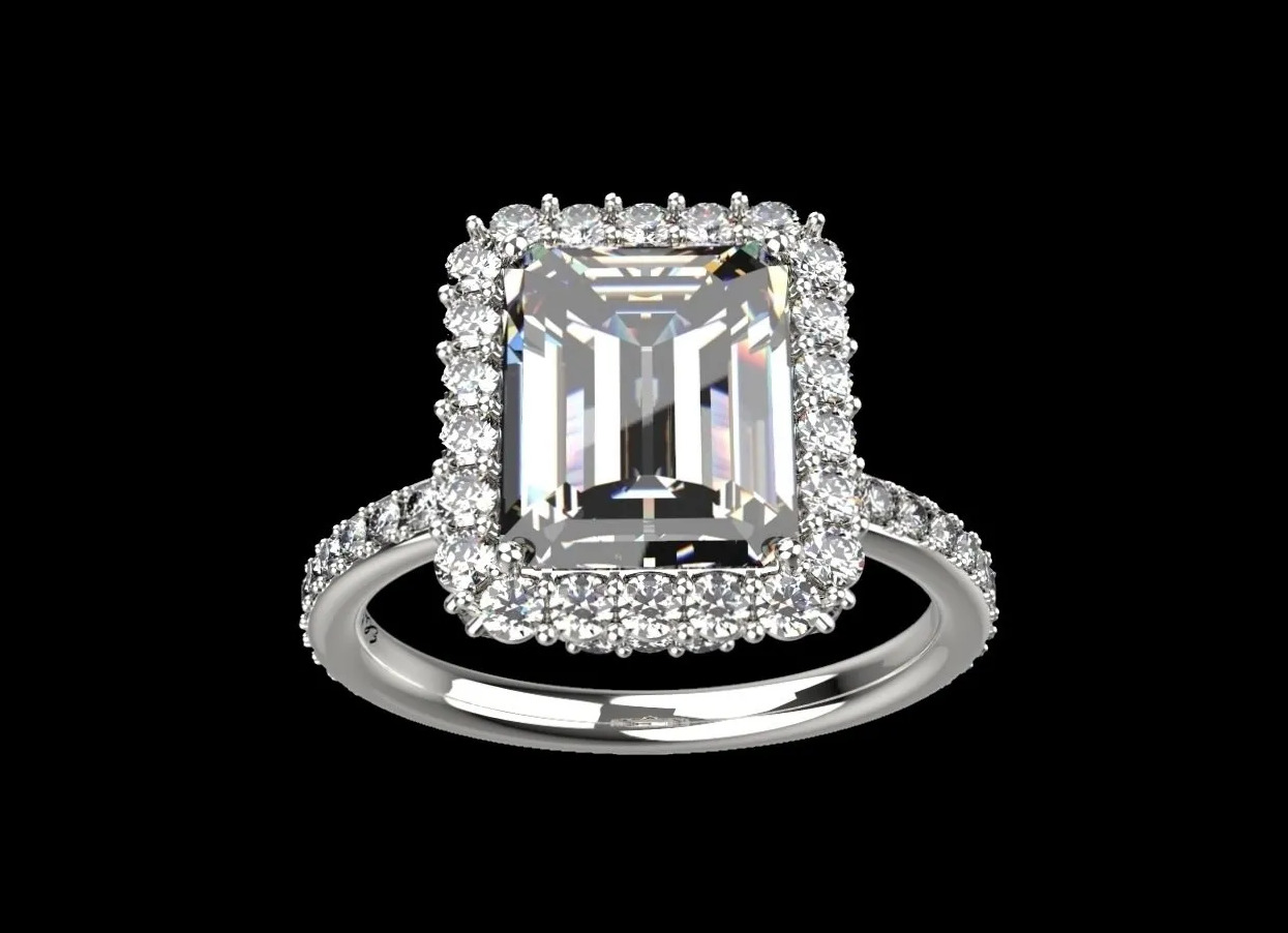 Emerald Cut Diamond Halo Ring – Statement Engagement Ring in White Gold