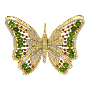18K Yellow Gold Hand-Set Diamond, Peridot & Garnet Butterfly Brooch Pendant